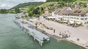 Drohenbild des hohen Wasserstand am Rhein, Bild zeigt Schifflaende Stein am Rhein,  am Mittwoch, 12. Juni 2024. (Melanie Duchene / Schaffhauser Nachrichten)