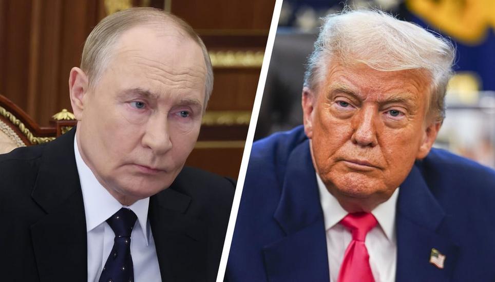Während einer Demonstration in Berlin umarmen sich zwei Aktivisten mit Putin- und Trump-Masken. Bild: Filip Singer / EPA