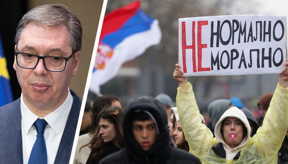 Studenten blockieren am Freitag in Belgrads Stadtkern eine Durchfahrtsstrasse und rufen mit ihrem Plakat zum Generalstreik auf. Bild: Darko Vojinovic / AP