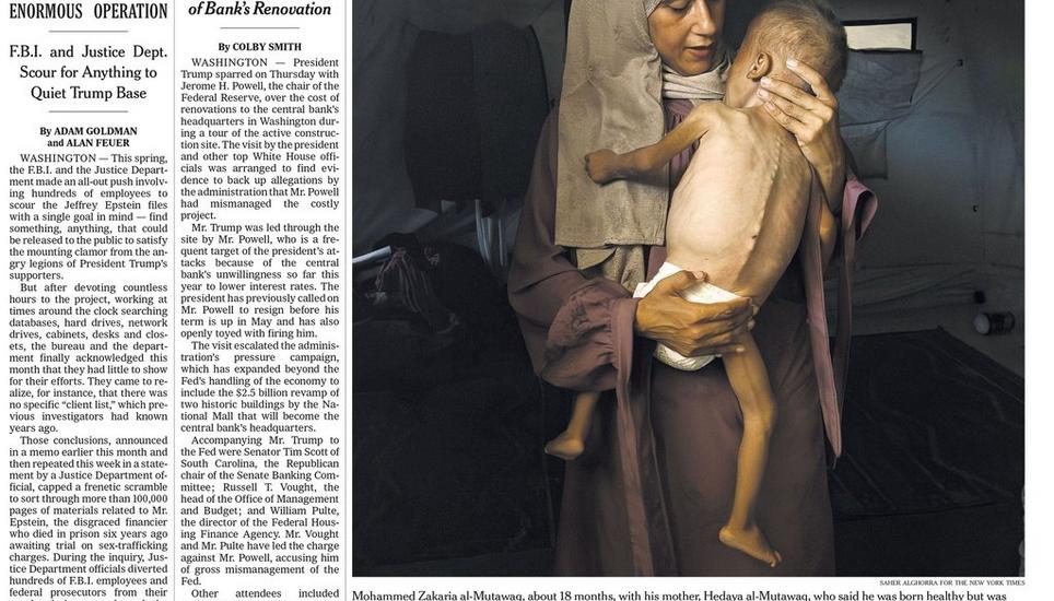 Die Titelseite der «New York Times» vom 25. Juli 2025 zeigt Mohammed Zakaria al-Mutawaq und seine Mutter.