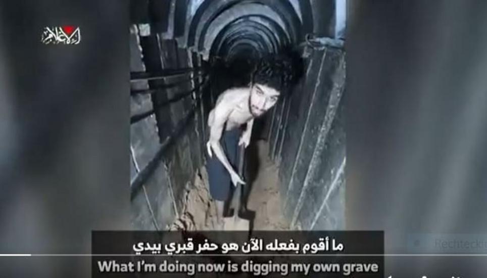 «Ich hebe mein eigenes Grab aus», sagt ein völlig abgemagerter Evjatar David im Horror-Video der Hamas. Die Familie des 24-Jährigen hatte den Clip zuvor in einer Erklärung freigegeben. Bild: Screenshot/X