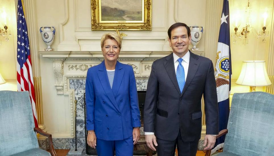 Bundespräsidentin Karin Keller-Sutter beim Treffen mit US-Aussenminister Marco Rubio. Bild: Freddie Everett / US State Department