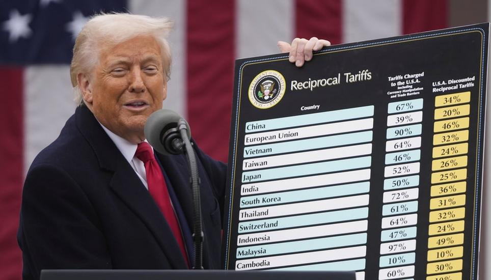 Auftakt zum Handelsstreit: Donald Trump verkündet seine «reziproken Zölle» am 2. April im Rosengarten im Weissen Haus. Bild: Mark Schiefelbein / AP