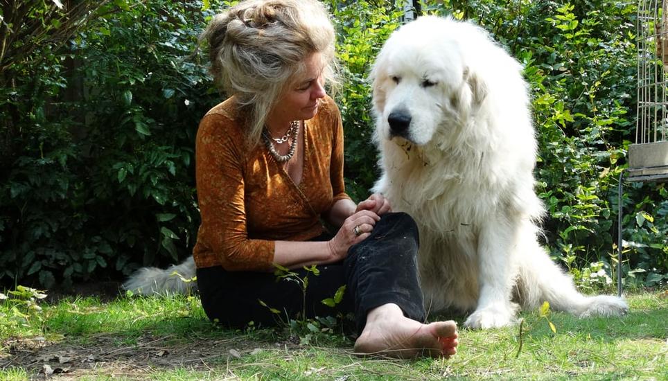 Psychologin Gay Bradshaw mit Hund Pir aus dem Zufluchtsort Grace Village. Bild: zvg