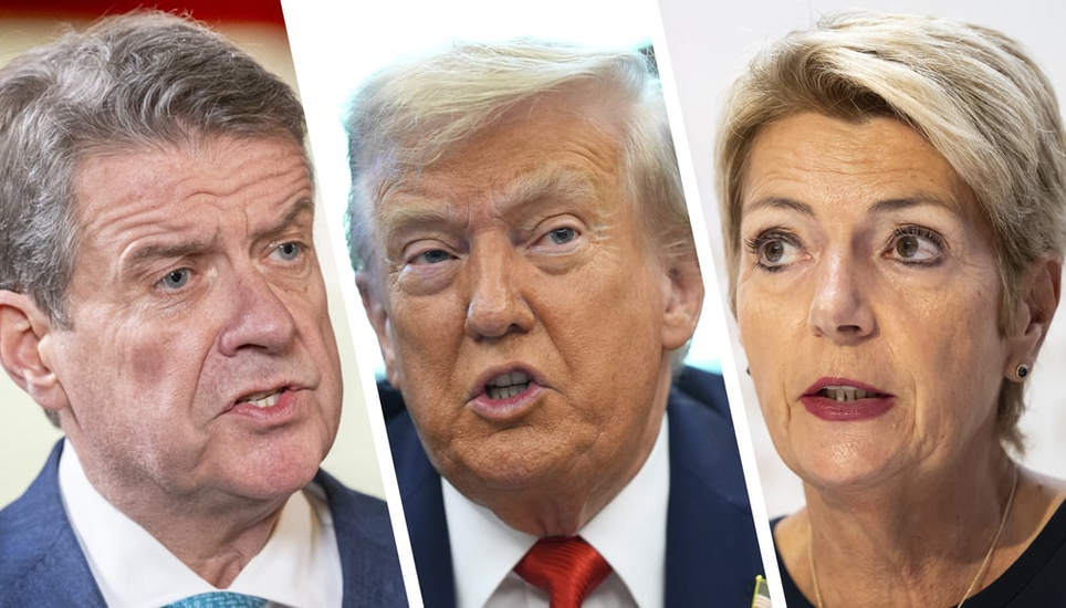 UBS-Präsident Colm Kelleher (links) vermittelt im Zollstreit zwischen Donald Trump und Karin Keller-Sutter. Bilder: Keystone
