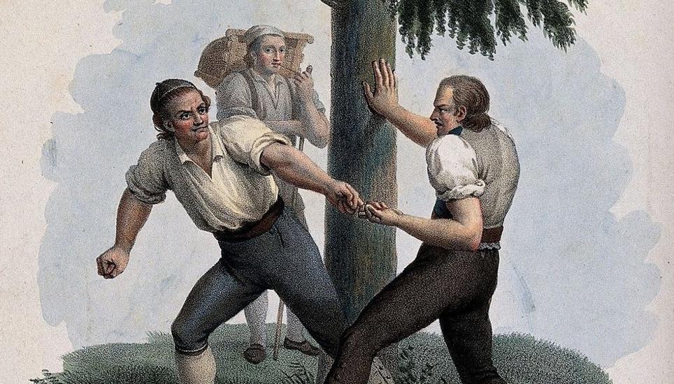Bizeps und kraftvoller Mittelfinger waren gefragt: «Das nennt sich Haeglen», erklärte der Schwyzer Zeichner Michael Föhn zu dieser Abbildung von 1826 das traditionelle Kräftemessen am Fuss der Mythen. Bild: Michael Föhn/France database