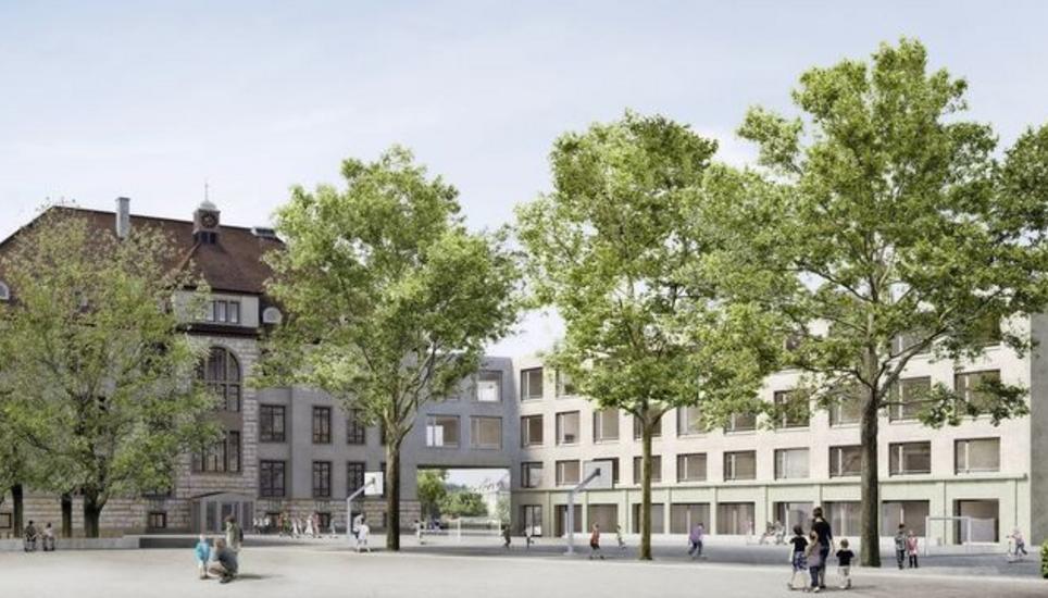 Das bestehende Kirchacker-Schulhaus (links) soll saniert und durch einen Erweiterungsbau ergänzt werden. Eine Passerelle würde die Gebäude miteinander verbinden. Durch das Projekt soll zusätzlicher Schulraum geschaffen werden. Visualisierung: Caruso St John