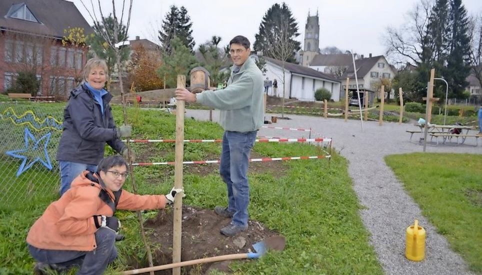 Naturschutzverein und Familienclub packten bei der Bepflanzung des neuen Spielplatzes im Zentrum von Andelfingen gemeinsam an.Bild Thomas Güntert