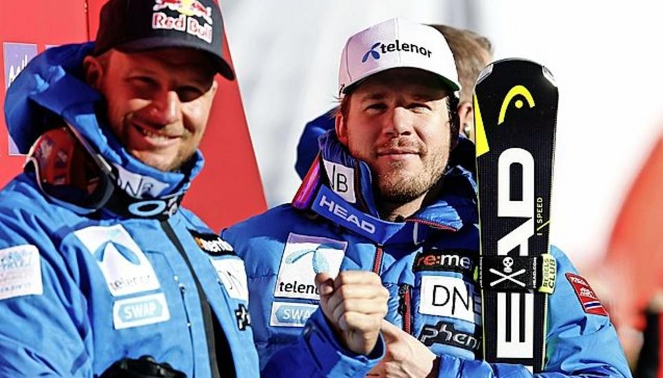 Das norwegische Siegesduo Aksel Lund Svindal (2., l.) Kjetil Jansrud (1.).Bild Key