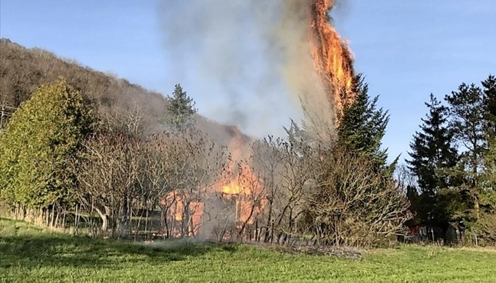 Vollständig zerstört wurde am Samstag ein Gartenhaus in Beringen, das in Brand geraten war. Die Brandursache ist in Abklärung – Personen sind keine verletzt worden. Bild: SHPol