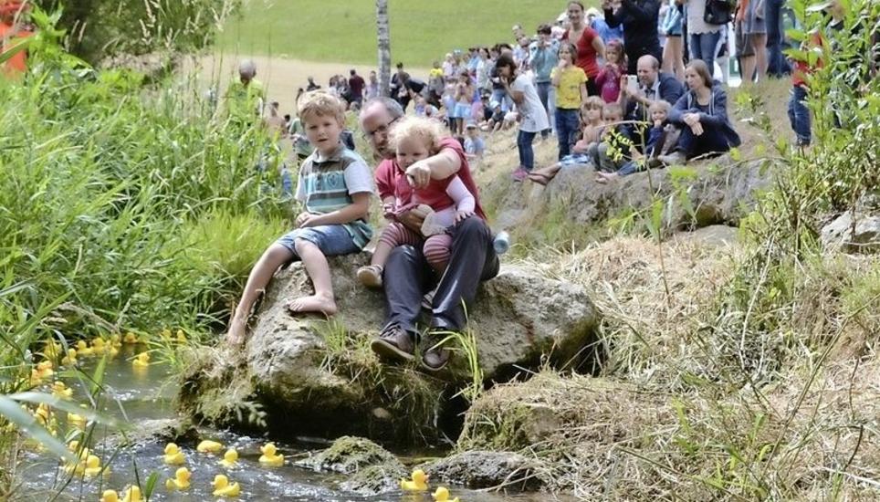 Das Entlirennen war für viele der Höhepunkt des Badifests, wobei über 150 Gummientchen die Biber hinuntertrieben. Bild: Thomas Güntert
