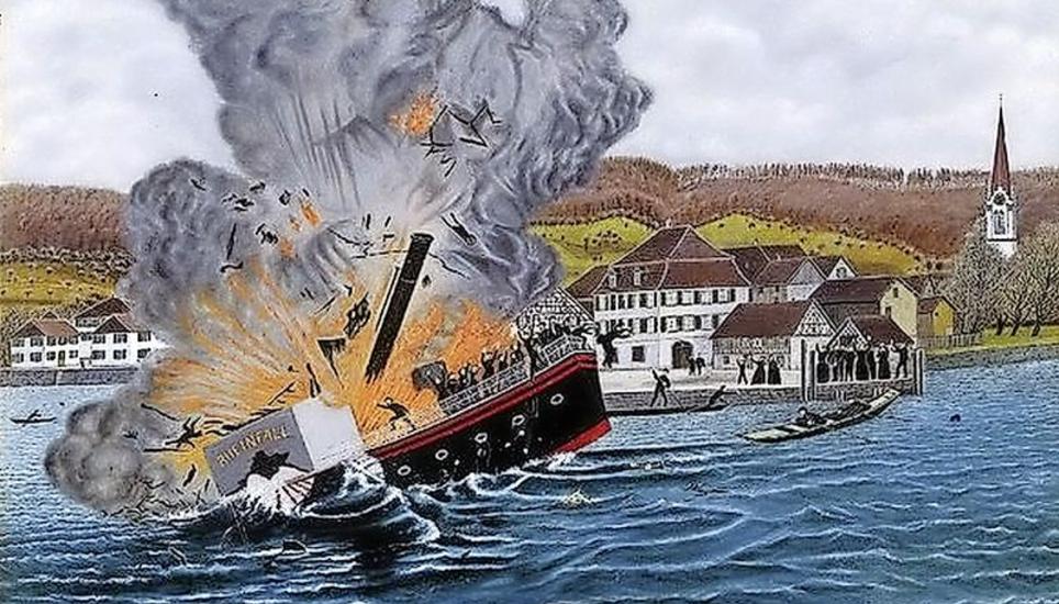 Der Berlinger Maler Adolf Dietrich hat den Untergang des Dampfschiffes «Rheinfall» nach einer Kesselexplosion auf dem Untersee im Dezember 1869 in mehreren Versionen gemalt. Bild: zvg Berlingen Tourismus