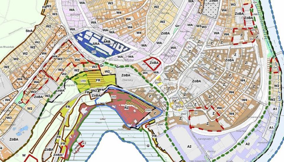 Ein Ausschnitt des neuen Zonenplans. Die braun eingefärbten Parzellen gehören zur neuen Zentrumszone (Z). Grafik Gemeinde Neuhausen