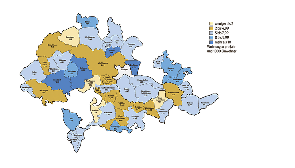 Wohnungen pro Jahr und 1000 Einwohner im Kanton Schaffhausen. Grafik: SN