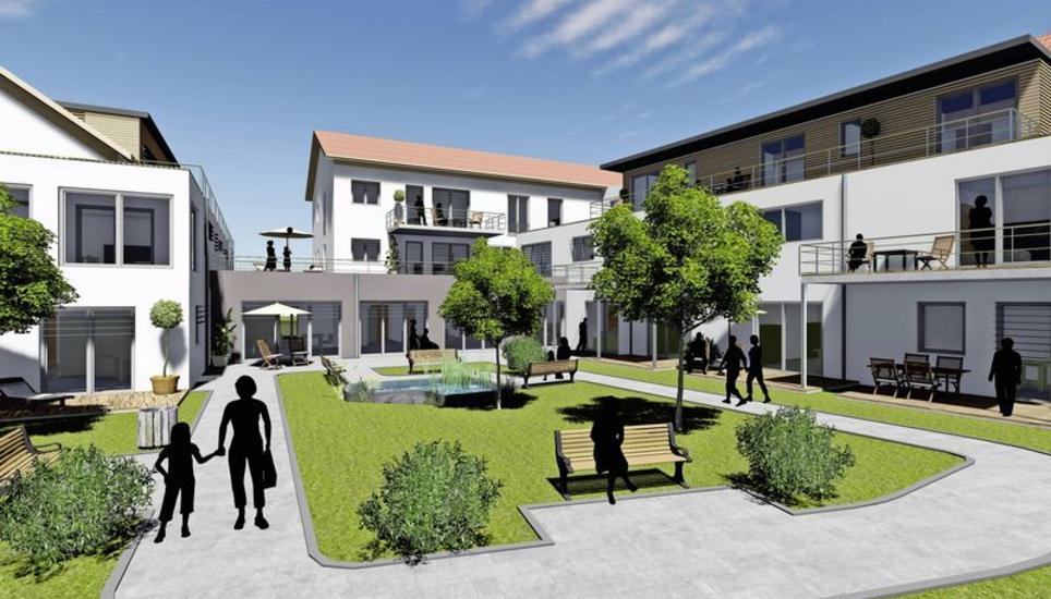 Blick von Westen in die altersgerechte Wohnanlage auf dem neu erschlossenen Gelände hinter der ehemaligen Bibelschule der Nazarener mitten in Büsingen. Visualisierungen: Kramer Architekturbüro