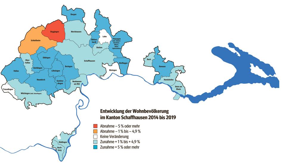 Die Karte zeigt die Bevölkerungsentwicklung pro Gemeinde seit 2014. Quelle: Wirtschaftsamt SH/Bild: SN-Grafik