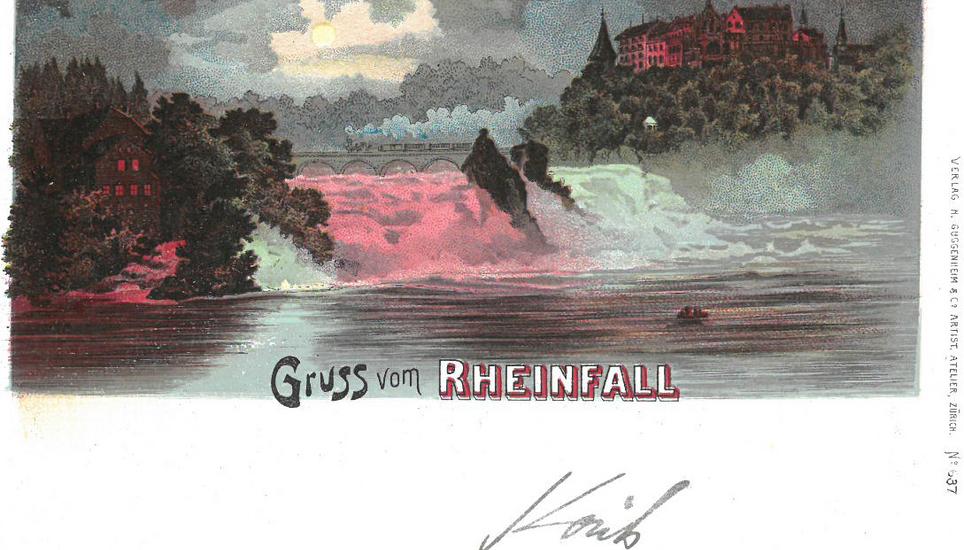 Den beleuchteten Rheinfall zeigt diese Karte von 1900.