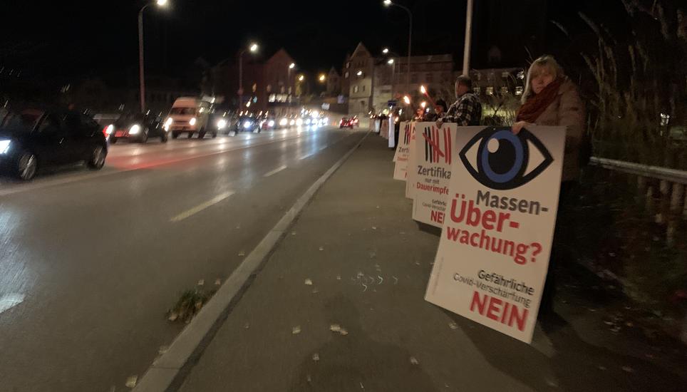Die Demonstranten machen mit Fackeln und Plakaten auf sich aufmerksam. Bild: SN