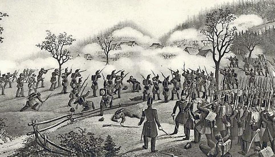 Das 3. Zürcher Bataillon rückt bei Meierskappel vor (hier im Kupferstich von Johann Hürlimann, nach einer Vorlage von Joseph Martignoni): In der Mitte richtet sich der Henggarter Hauptmann Heinrich Frauenfelder nach einem Oberschenkeldurchschuss wieder auf. Bild: Wikimedia