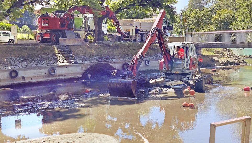 Der Bagger bei seiner Arbeit am Geisslibachhafen in Diessenhofen. Bild: zVg