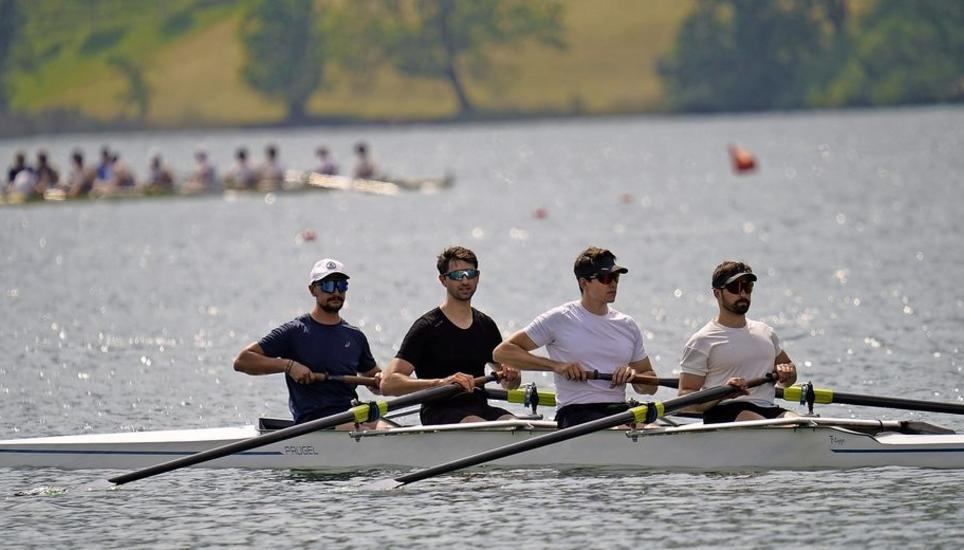 Kurz vor dem Start: Der Vierer ohne Steuermann Männer Elite des RC Schaffhausen in Sarnen: von links nach rechts: Ess Severin, Aregger David, Kessler Markus, Iff Gabriel. Bild: Andrea Richli