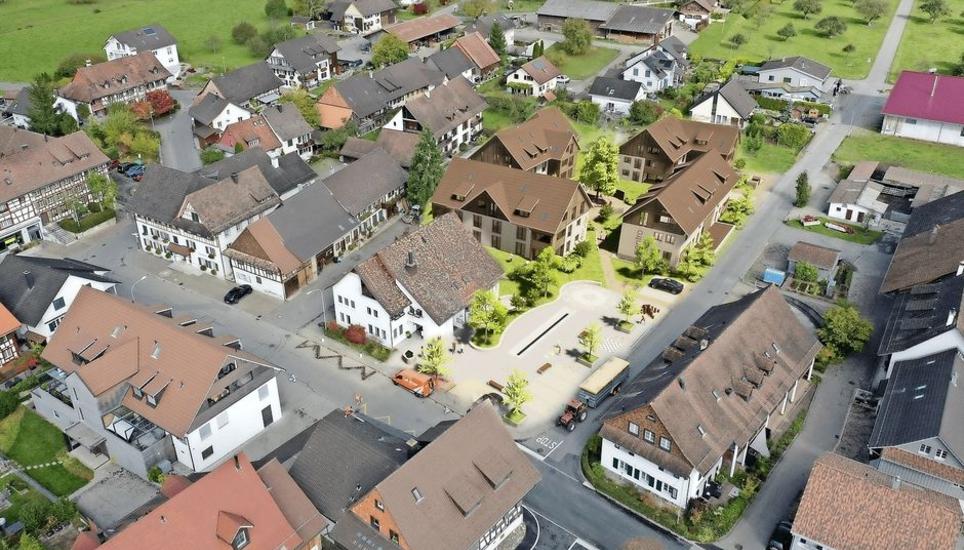 Die Kompromisslösung? Die zweite Bauvariante des Projekts «Centro» (Bildmitte) im Wilemer Dorfzentrum, ohne Gartenterrasse; dabei würde der Schopf beim Gasthaus «Sternen» (Mitte, links) und das anliegende alte Bauernhaus erhalten. Bild: zvg/SCHMIDLI ARCHITEKTEN + PARTNER