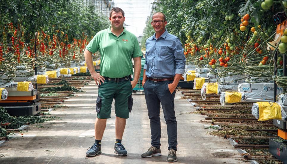 Heizen Treibhäuser, indem sie Wärme von Rechenleistungen nutzen: Stefan Grob (l.) und Benoît Strölin. Bilder: Roberta Fele