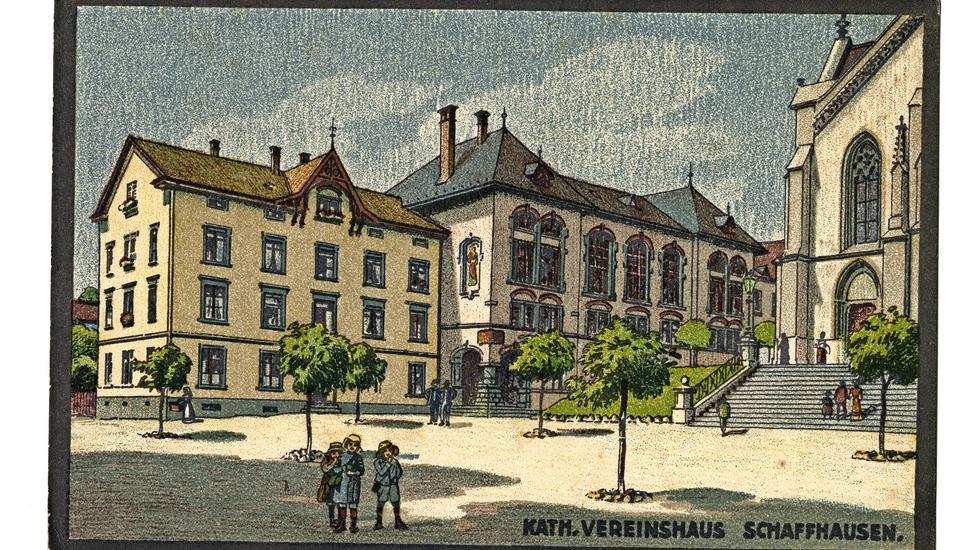Der Katholische Frauenbund Schaffhausen trifft sich jeweils im katholischen Vereinshaus auf dem Fäsenstaub, das bei der Bombardierung 1944 zerstört wurde. Fotos der Mitgliedfrauen sucht man vergebens. Bild: Lithografie Nohl/Stadtarchiv