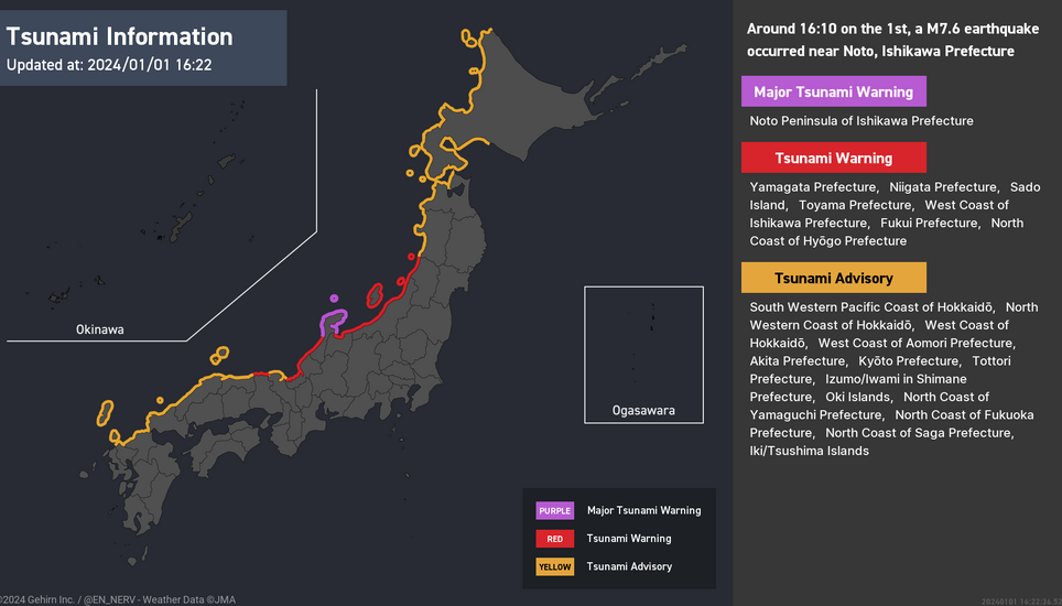 Japan wurde nach einem Erdbeben der Stärke 7,4 von einer Tsunamiwelle getroffen. Eine Bild: Twitter/NERV