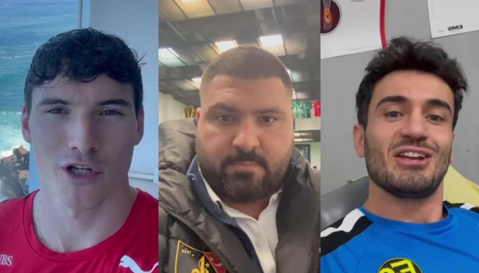 Leichtathlet Enrico Güntert, FCS-Athletiktrainer Harun Gülen und FCS-Captain Bujar Lika wünschen den Handballern alles Gute. Bild: SN