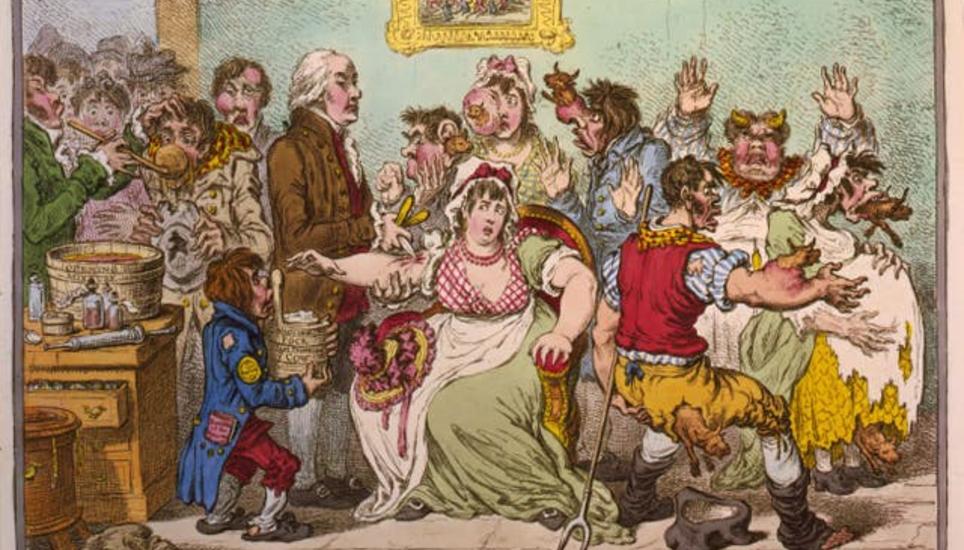 Impfskepsis wird es immer geben, sagt Butter. Dieses Bild von James Gillray, «Die Kuhpocken – oder die wunderbaren Effekte der neuen Impfung», wurde 1802 von einer Anti-Impfungsgesellschaft veröffentlicht. Bild: Library Of Congress