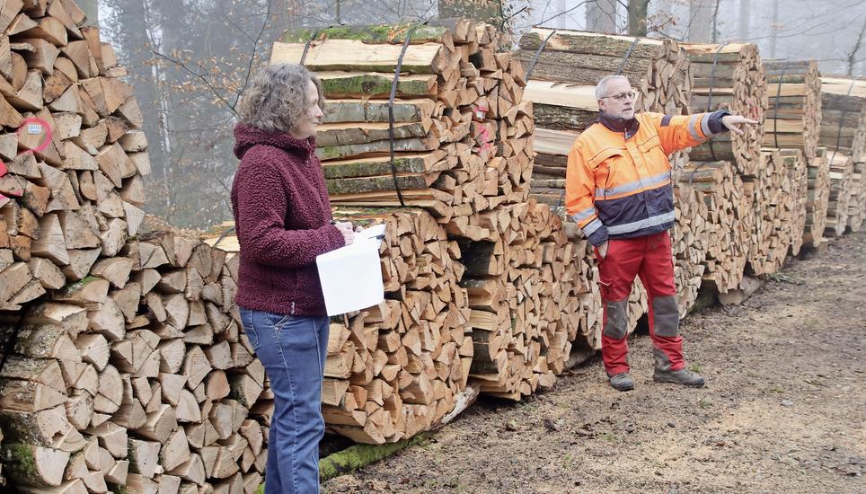 Die eigentliche Holzgant mit Gantsekretärin Ursula Ganz und Förster Beat Gisler brachte einen guten Erlös. Bild: Roland Müller