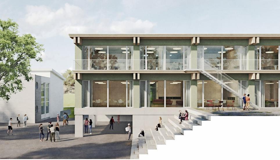 Am 27. Mai 2024 erfolgt der offizielle Spatenstich für das geplante GOSU-Schulhaus auf dem Neunkircher Schulgelände. Bild: Visualisierung/zVg