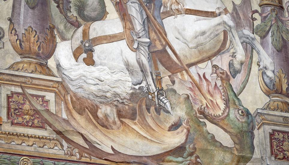 Renaissancemalerei am Rathaus in Stein am Rhein: St. Georg, der Stadtpatron, im Kampf mit dem Drachen. Bilder: Jeannette Vogel