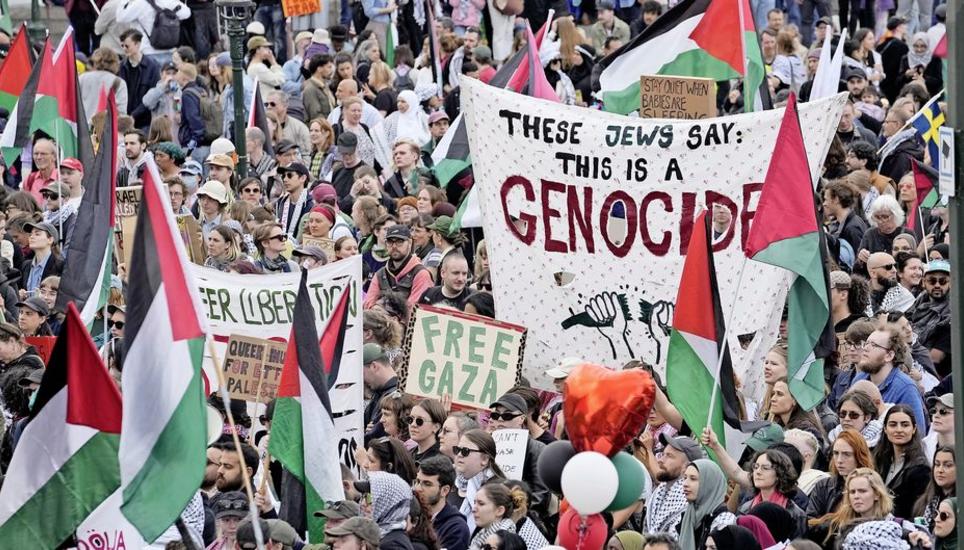Pro-Palestinian demonstrators gather for a protest against the participation of Israeli contestant Eden Golan ahead of the final of the Eurovision Song Contest in Malmo, Sweden, Saturday, May 11, 2024. Israeli contestant Eden Golan has become a focus for 