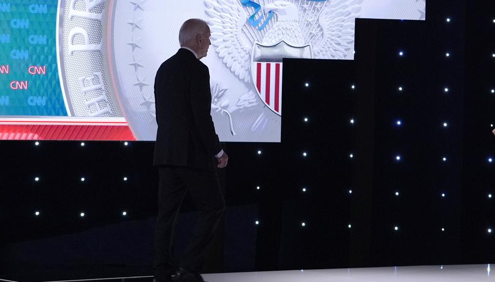 President Joe Biden walks off stage during the break of a presidential debate with Republican presidential candidate former President Donald Trump hosted by CNN, Thursday, June 27, 2024, in Atlanta. (AP Photo/Gerald Herbert)