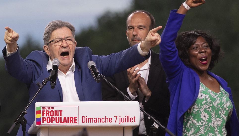 Überraschungssieger der zweiten Runde der Parlamentswahl in Frankreich: Das Linksbündnis um Jean-Luc Melenchon holt laut Hochrechnungen die meisten Stimmen. Bild: Andre Pain / EPA