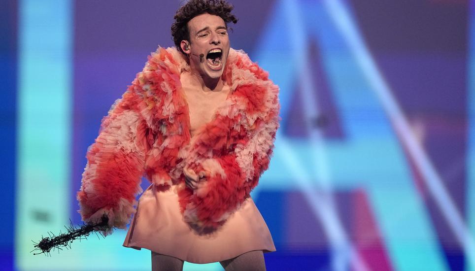 Nemo of Switzerland, who performed the song The Code, celebrates after winning the Grand Final of the Eurovision Song Contest in Malmo, Sweden, Sunday, May 12, 2024. (AP Photo/Martin Meissner)