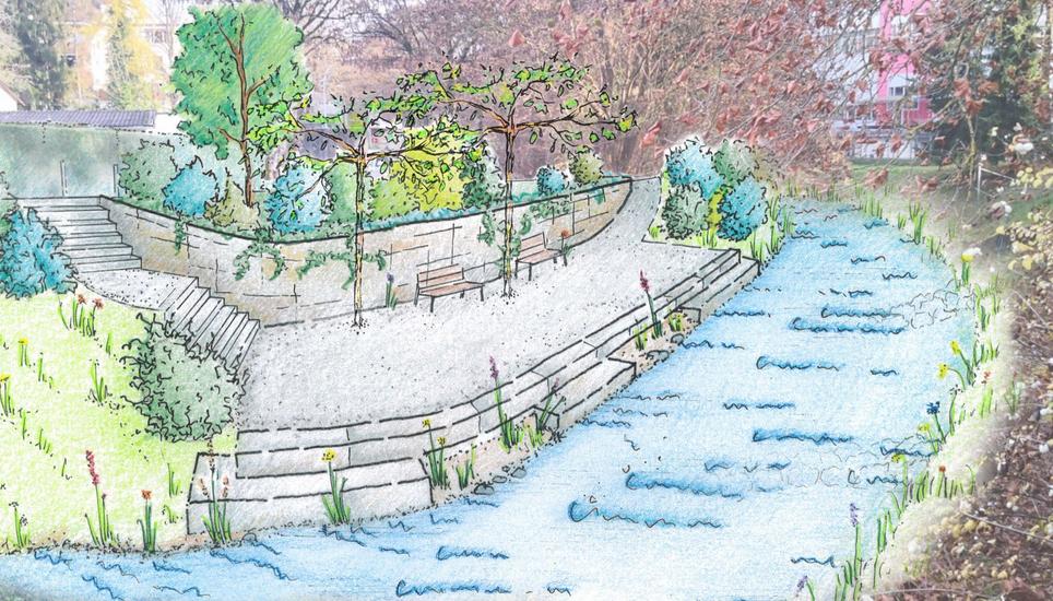 Die Visualisierung des Hochwasserschutzprojekts in Thayngen. Visualisierung: Kanton SH