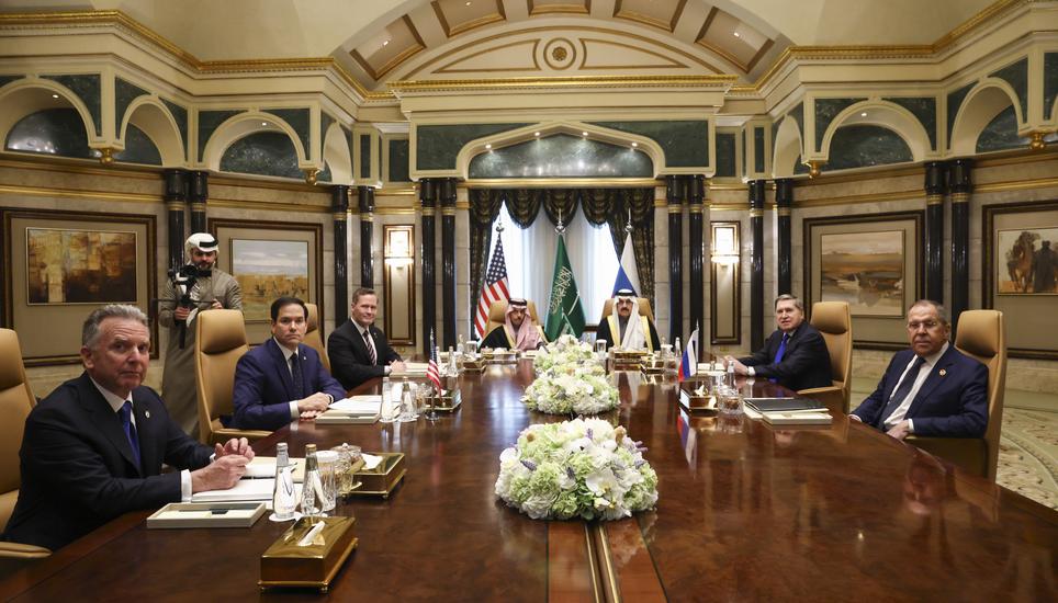 U.S. Secretary of State Marco Rubio, second left, meets with Saudi Foreign Minister Prince Faisal bin Farhan Al Saud, Saudi National Security Advisor Mosaad bin Mohammad Al-Aiban, U.S. National Security Advisor Mike Waltz, U.S. Middle East envoy Steve Wit