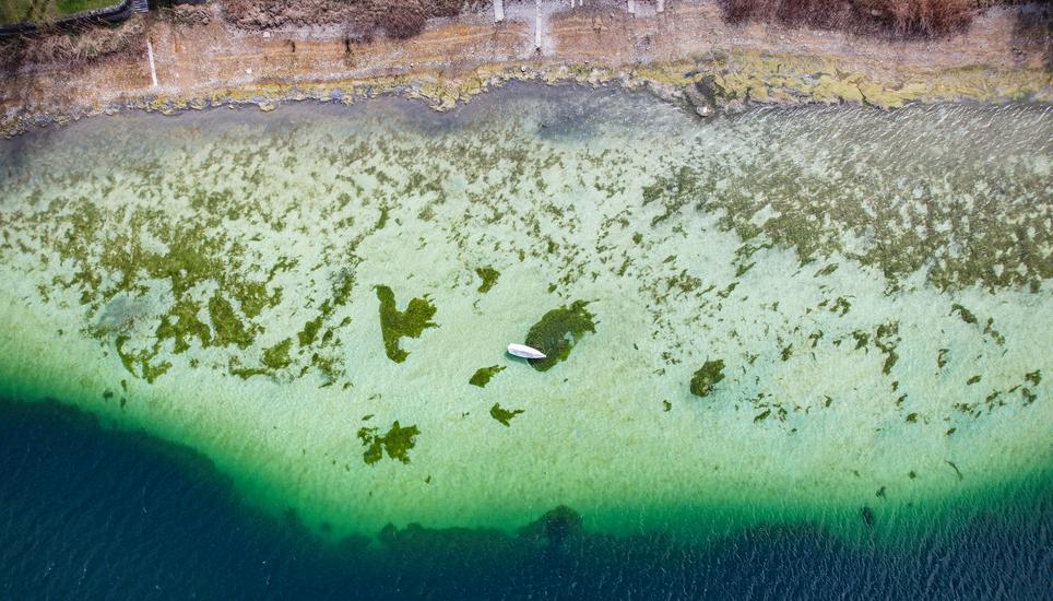 Drohenbild vom Untersee, durch den niedrigen Wasserstand sieht man den Boden und die Boote liegen zum Teil auf dem Trocknen , am Donnerstag, 17. April 2025. (Melanie Duchene / Schaffhauser Nachrichten)