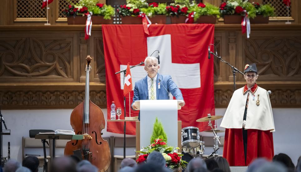 Bundesrat Beat Jans zu Besuch in Schaffhausen zur 1. August Feier in der St. Johann mit StadtprÃ¤sident Peter Neukomm, anschliessend Musik der Munot Dixie Stompers, fotografiert am Freitag, 1. Augsut 2025, in Schaffhausen. (Roberta Fele / Schaffhauser N