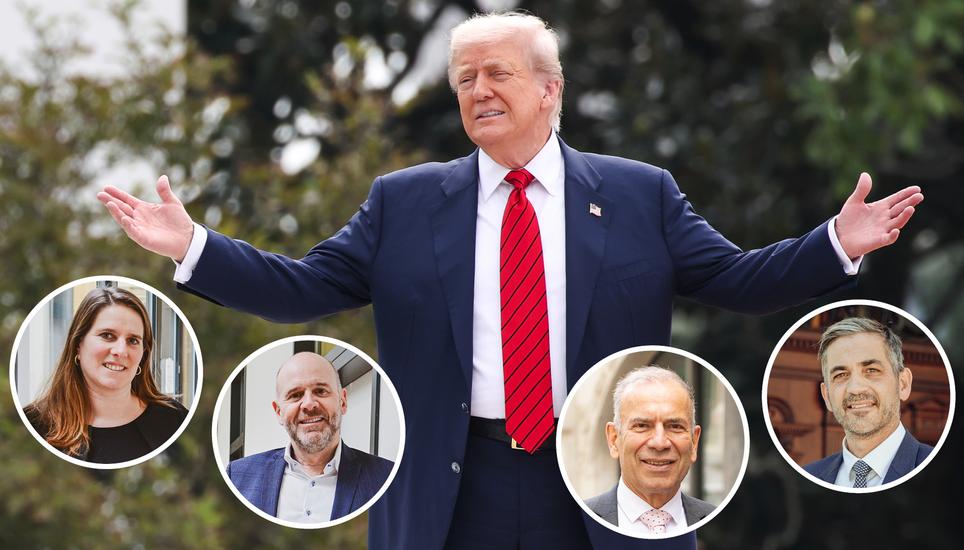 «No free hugs», eine freundschaftliche Umarmung von Trump kann die Schweiz derzeit nicht erwarten. Was haben Linda De Ventura, Thomas Hurter, Hannes Germann und Severin Brüngger für Lösungsvorschläge im Zollstreit parat? Bilder: Keystone/Melanie Duchene/Roberta Fele, Montage: Julian Blatter