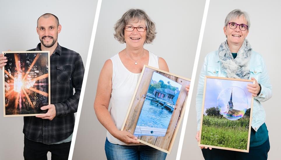 Bruno Neukomm, Ulrike Lüthi und Maja Werner (v.l.n.r) dürfen sich freuen. Bild: Melanie Duchene, Montage: Gloria Müller