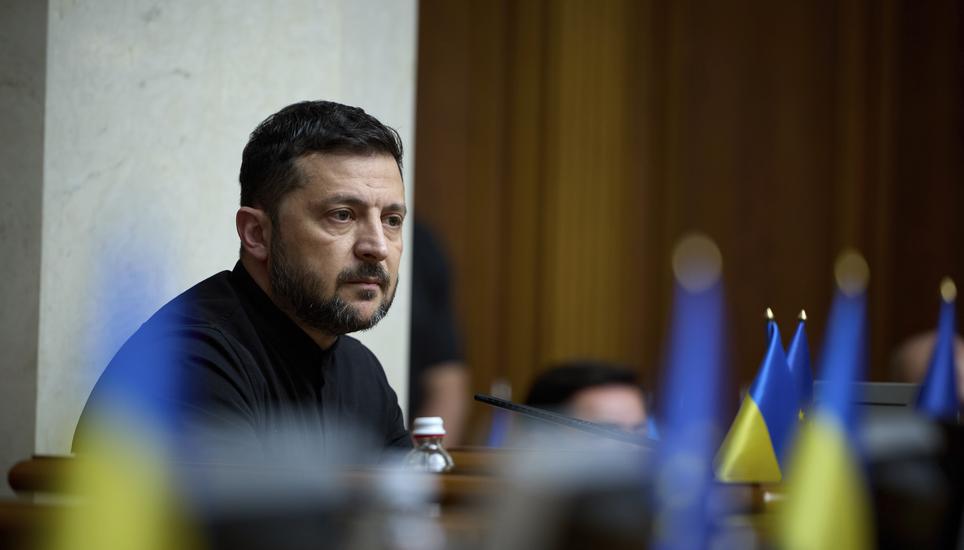 President of Ukraine Volodymyr Zelenskyy attends the parliament session in Kyiv, Ukraine Thursday, July 17, 2025. (AP Photo/Vadym Sarakhan)