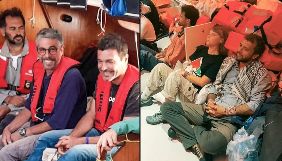 This combination of images released by the Israeli Foreign Ministry shows Greta Thunberg, second from right, with other flotilla activists after the Israeli navy intercepted the Global Sumud Flotilla carrying humanitarian aid to Gaza, Wednesday, Oct. 1, 2