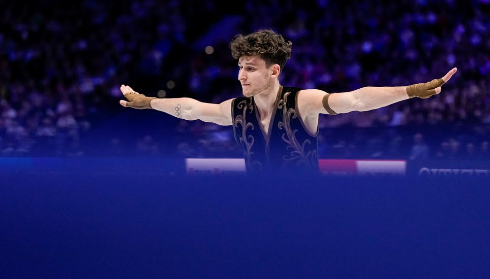 Lukas Britschgi from Switzerland competes during the men free skating at the Figure Skating World Championships in Prague, Czech Republic, Saturday, March 28, 2026. (AP Photo/Petr David Josek)