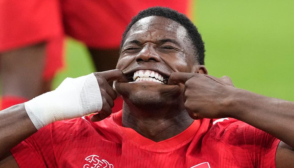 Switzerland's Breel Embolo (7) celebrates after scoring his team's first goal during the World Cup round of 32 soccer match between Switzerland and Algeria in Vancouver, British Columbia, Thursday, July 2, 2026. (AP Photo/Lindsey Wasson)