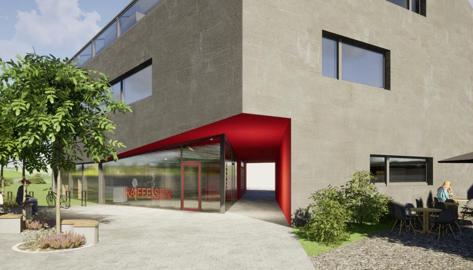 So soll der neue Hauptsitz der Raiffeisenbank Weinland, neben dem Hotel Bad in Kleinandelfingen, aussehen. Visualisierung: ZVG/Raiffeisenbank Weinland