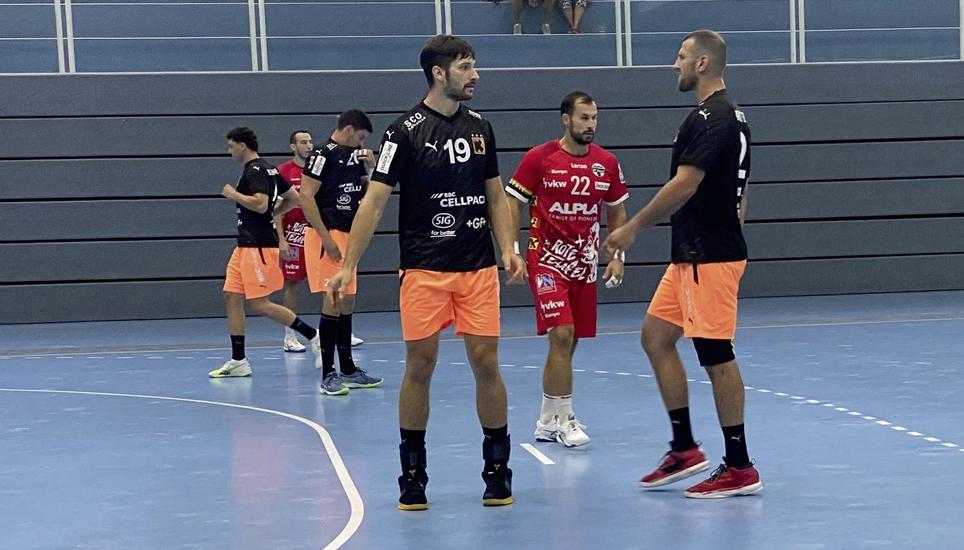 Die Kadetten um Zoran Markovic (Nr. 19) und Lucas Meister (rechts) feierten einen Testspielsieg bei Alpla HC Hard. Bild: zVg/Max Böni